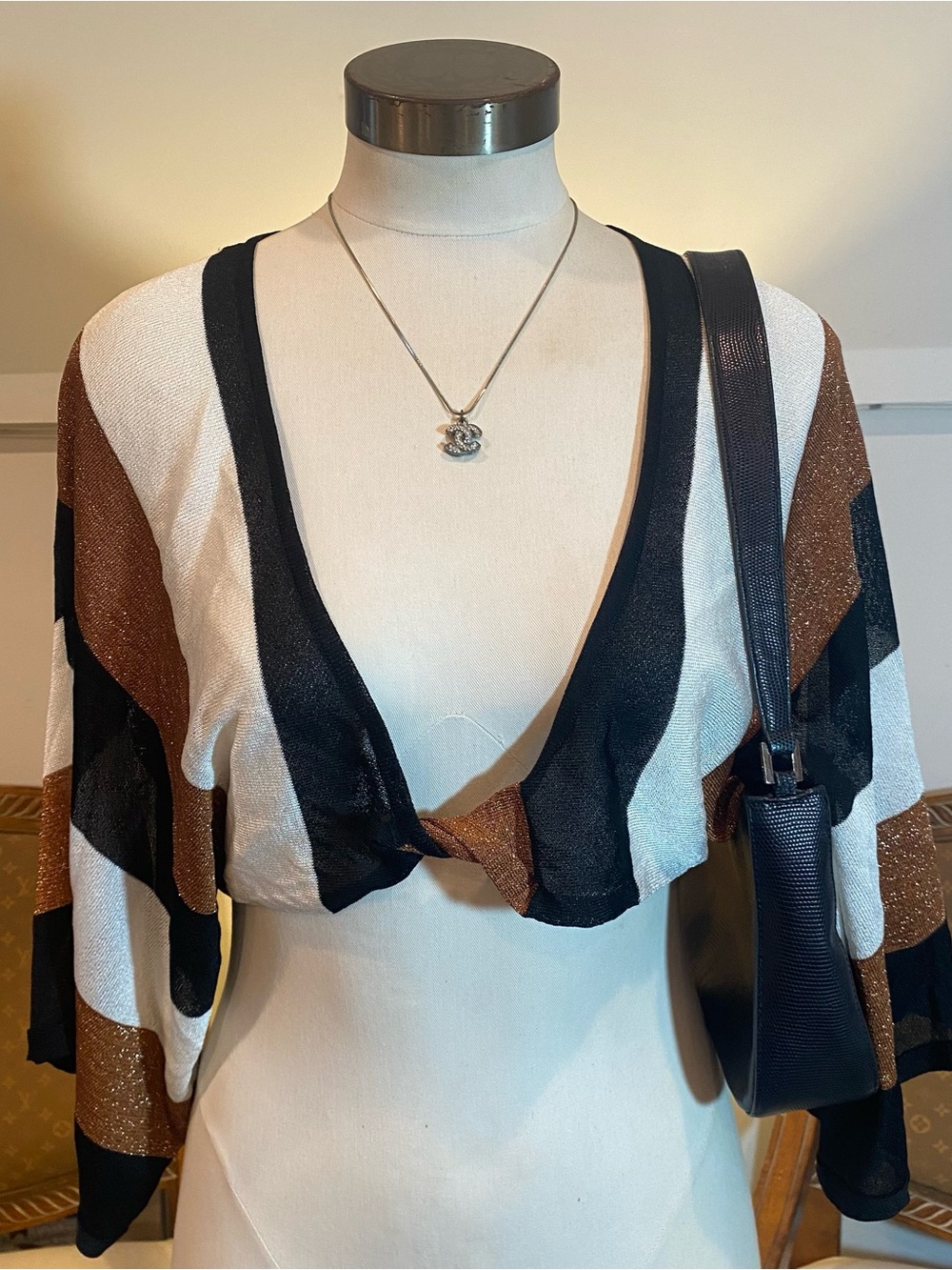Vintage bebe Metallic Striped Cropped Bolero Shrug Sweater in Black White Bronze